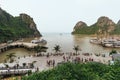 Bay near Thien Cung Cave with many boats and tourists in summer at Ha Long Bay in Quang Ninh, Vietnam