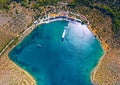 Bay of panormitis Symi island view from above with drone