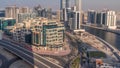 Bay Square district timelapse with mixed use and low rise complex office buildings located in Business Bay in Dubai