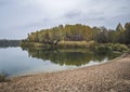 The bay of the steppe river with the shore where the birch grove grows yellowed from the autumn cold Royalty Free Stock Photo