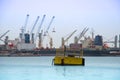 Bay view of Veracruz Mexico and sea port with cranes and ships on a background