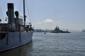 Bay view in Vladivostok, Russia. Warships and fishing ships, boats in marina, port