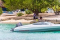 BAYAHIBE, DOMINICAN REPUBLIC - MAY 21, 2017: The boat near the shore. Copy space for text.