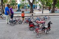 BAYAMO, CUBA - JAN 30, 2016: Tricycles for children on Cespedes square in Bayamo, Cub