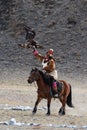 Unknown huntsman with Golden Eagle shows his experience in falconry.