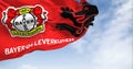Bayer Leverkusen flag waving in the wind on a clear day