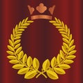 Bayleaf wreath crown award on velvet red curtain background. Royal crown in copper color. Victory, honor, quality vector Royalty Free Stock Photo