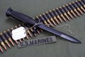 bayonet, dog tags and ammunition belt on US MARINES uniform background Royalty Free Stock Photo