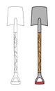 Bayonet rectangular iron shovel with a wooden handle in a flat graphic outline style