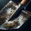 bayonet shovel close up with sand and grass