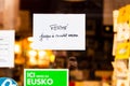 Sign at a bookstore reads closed until further notice in Bayonne, France