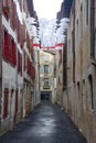 Bayonne, France - Umbrella art instalment in Rue Marsan, Bayonne, Aquitane Royalty Free Stock Photo