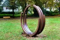 Bayreuth, Germany - October 13, 2023: 222.5 degrees x 5, a steel arcs sculpture by French conceptual artist Bernar Venet. Located