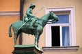 Bayreuth, Germany - October 13, 2023: Sculpture of a mounted soldier from the First World War on Reiterbrunnen, the fountain on