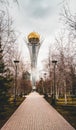 The Bayterek Tower, a landmark observation tower designed by architect Norman Foster in Astana, the capital of