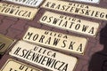 Old street name plates, put up for sale by a collector. Royalty Free Stock Photo