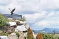 Bazhov Mountain Park, Zlatoust, Russia. Sculpture of Eaglet feeding chick with fish