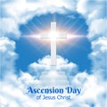 Celebration Ascension Day of Jesus Christ with blue sky, stair, cross, shinny light and realistic cloud Royalty Free Stock Photo