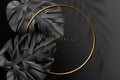 Exotic black banner, cover design. Floral background polygonal tropical leaf of Monstera plant low poly. Premium gold circle frame