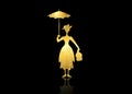 Mary Poppins Silhouette girl floats with umbrella in his hand, gold leaf style vector isolated or black background Royalty Free Stock Photo