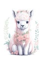 cute llama alpaca and pastel flowers wreath, painted with watercolour