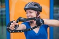 Bicycle lock. Bicycle lock in the hands of the girl. Cycling park Royalty Free Stock Photo