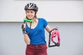 Bicycle lock. Bicycle locks in the hands of the girl. Cycling park Royalty Free Stock Photo