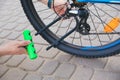 Bicycle lock. Bicycle lock near the bike. Cycling park Royalty Free Stock Photo
