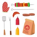 BBQ Accessories Set Vector. Sauce, Mustard, Fork, Coal, Glove, Steak, Kebab, Sausages. Isolated Cartoon Illustration