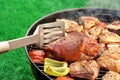 BBQ Assorted Meat And Vegetables On The Hot Flaming Grill Royalty Free Stock Photo