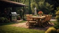 BBQ Backyard with table and chairs, grill. Backyard picnic area