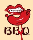 Bbq banner with mouth that bites sausage from fork Royalty Free Stock Photo