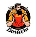 BBQ, barbecue logo or label. Chef or happy cook holding a grill tools spatula and fork. Cartoon vector illustration