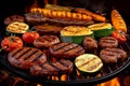 BBQ bliss, hot coals, sizzling steak, sausages, chicken, and veggies