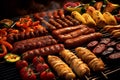 BBQ bliss, hot coals, sizzling steak, sausages, chicken, and veggies Royalty Free Stock Photo