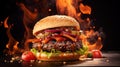 BBQ burger grilling, flame kissed indulgence