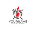 BBQ and chicken, cock, rooster with fire logo template. Grill and hen meat with fork and spatula vector design Royalty Free Stock Photo