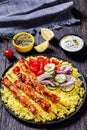 Bbq chicken kebabs with saffron rice and veggies Royalty Free Stock Photo