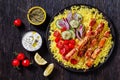 Bbq chicken kebabs with saffron rice and veggies Royalty Free Stock Photo