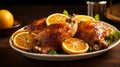 BBQ chicken quarters with citrus slices, refreshing Royalty Free Stock Photo