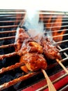 BBQ chicken satay being grilled over a hot fire. Royalty Free Stock Photo