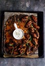 BBQ Chicken Wings with Blue Cheese Sauce.selective focus Royalty Free Stock Photo