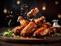 Delicious fried BBQ chicken, Floating wings, appetizer. BBQ sauce of your choice. Cinematic advertising photography