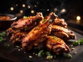 Delicious fried BBQ chicken, Floating wings, appetizer. BBQ sauce of your choice. Cinematic advertising photography
