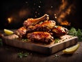 Delicious fried BBQ chicken, Floating wings, appetizer. BBQ sauce of your choice. Cinematic advertising photography