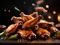 Delicious fried BBQ chicken, Floating wings, appetizer. BBQ sauce of your choice. Cinematic advertising photography