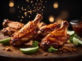 Delicious fried BBQ chicken, Floating wings, appetizer. BBQ sauce of your choice. Cinematic advertising photography