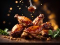 Delicious fried BBQ chicken, Floating wings, appetizer. BBQ sauce of your choice. Cinematic advertising photography