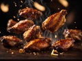 Delicious fried BBQ chicken, Floating wings, appetizer. BBQ sauce of your choice. Cinematic advertising photography