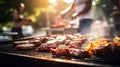 Bbq close up, family grilling outside on backyard in summer during garden party, generative ai